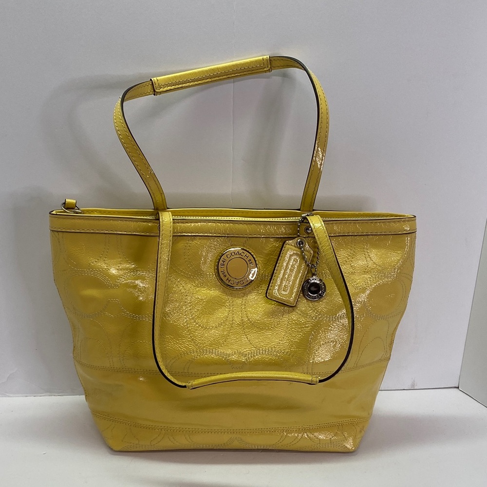 Coach Patent Leather Tote in Yellow with Signature Medallion